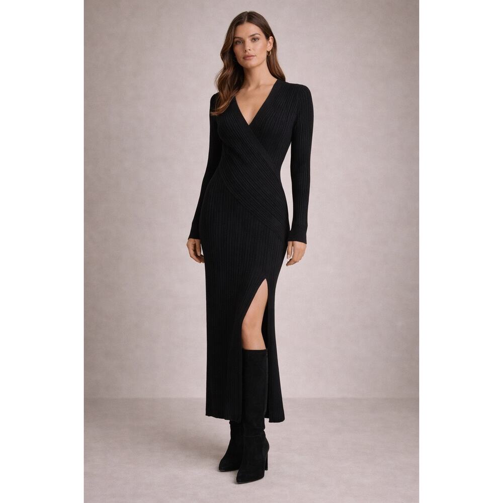 ASTR The Label Astrid Black Ribbed Maxi Wrap Dress Side Slit Large